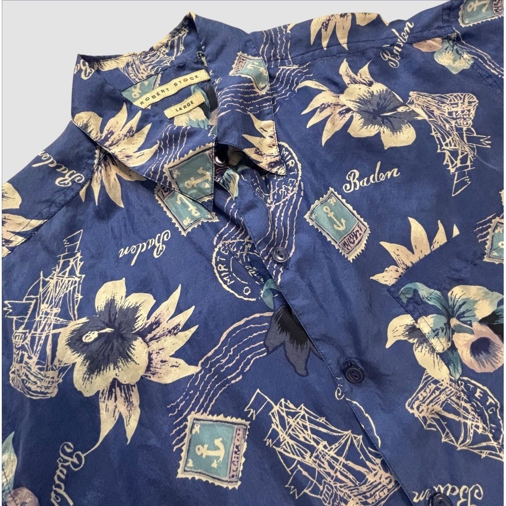 Robert Stock Men's Large 100% Silk Hawaiian Shirt Blue Floral Nautical